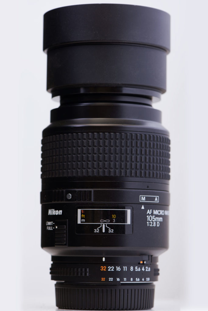 Ai AD Micro Nikkor 105mm F2.8 D 社外品ステップアップ式フード装着